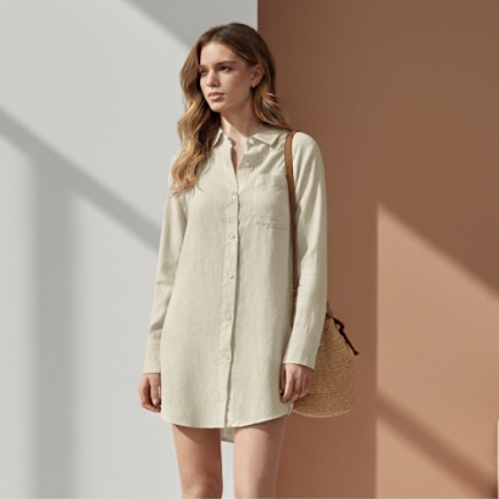 Mate the label Linen Shirt Dress Tan Button Down Size Small